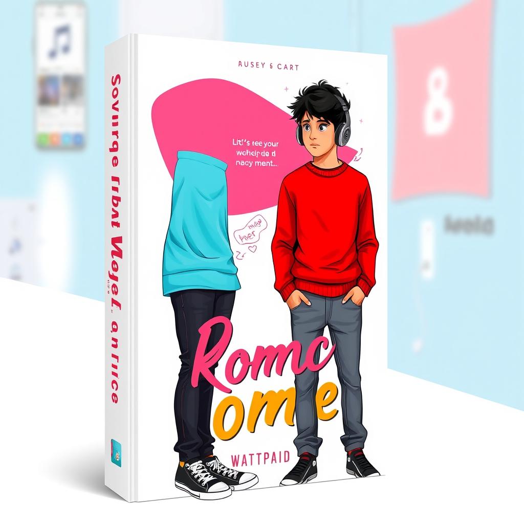 A Wattpad book cover featuring a 16-year-old boy with fair skin, long dark hair, and black eyes, wearing a red sweater, black jeans, and black and white Converse shoes