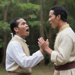 Create a scene of two male characters in Filipino colonial period attire engaged in an intense argument, with strong emotions visible on their faces.