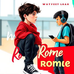 A Wattpad book cover featuring a 16-year-old boy with fair skin, long dark hair, and black eyes, wearing a red sweater, black jeans, and black and white Converse shoes