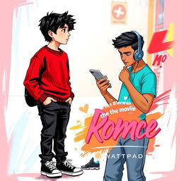 A Wattpad book cover featuring a 16-year-old boy with fair skin, long dark hair, and black eyes, wearing a red sweater, black jeans, and black and white Converse shoes