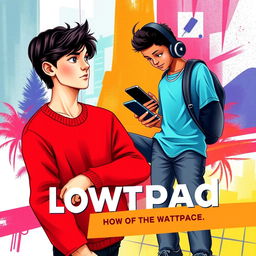 A Wattpad book cover featuring a 16-year-old boy with fair skin, long dark hair, and black eyes, wearing a red sweater, black jeans, and black and white Converse shoes