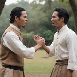 Create a scene of two male characters in Filipino colonial period attire engaged in an intense argument, with strong emotions visible on their faces.