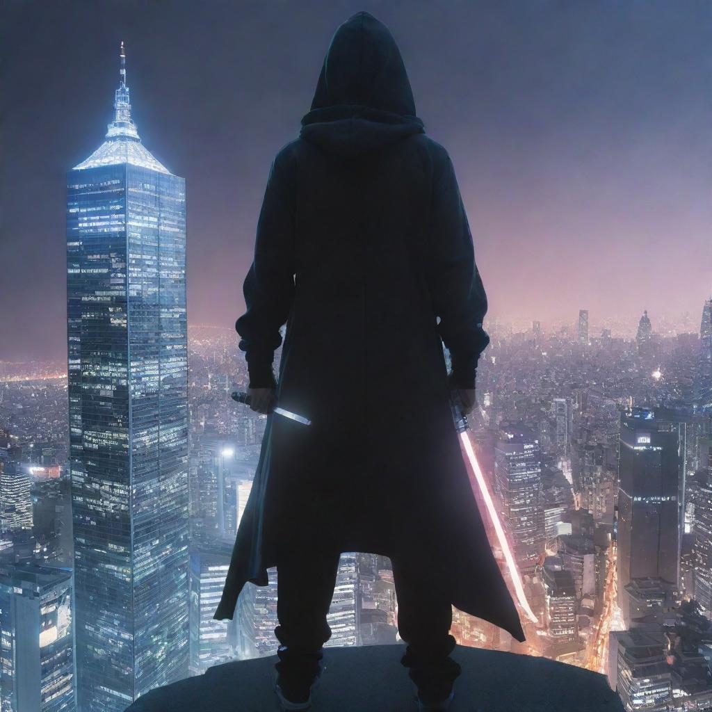 An anime-style character, wearing a hoodie, perched on a skyscraper, battle-ready with a Katana. His other hand is generating a spectral aura, heralding the summoning of monstrous abilities.