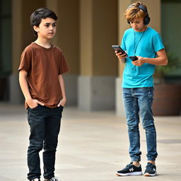 A 16-year-old boy with fair skin, dark hair, and black eyes, wearing a brown t-shirt, black jeans, and black and white Converse shoes