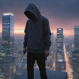 An anime-style character, wearing a hoodie, perched on a skyscraper, battle-ready with a Katana. His other hand is generating a spectral aura, heralding the summoning of monstrous abilities.