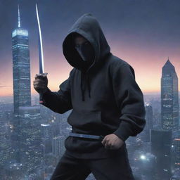 An anime-style character, wearing a hoodie, perched on a skyscraper, battle-ready with a Katana. His other hand is generating a spectral aura, heralding the summoning of monstrous abilities.