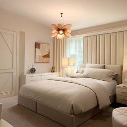 Spacious and cozy bedroom interior featuring modern lighting, luxury bedding, contemporary furniture, unique wall decor and soft color tones