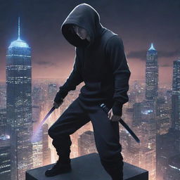 An anime-style character, wearing a hoodie, perched on a skyscraper, battle-ready with a Katana. His other hand is generating a spectral aura, heralding the summoning of monstrous abilities.