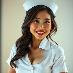 A sexy Asian nurse in a fitted white nurse uniform, showcasing her curves