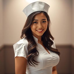 A sexy Asian nurse in a fitted white nurse uniform, showcasing her curves