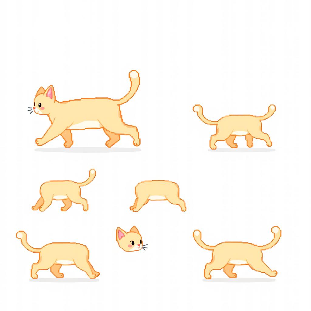 A 16-bit pixel art spritesheet featuring a cute cat walking in various poses