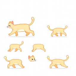 A 16-bit pixel art spritesheet featuring a cute cat walking in various poses