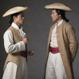 Depict two male characters dressed in colonial period Filipino attire, specifically coats, involved in a passionate argument. Capture the intensity of their discussion.