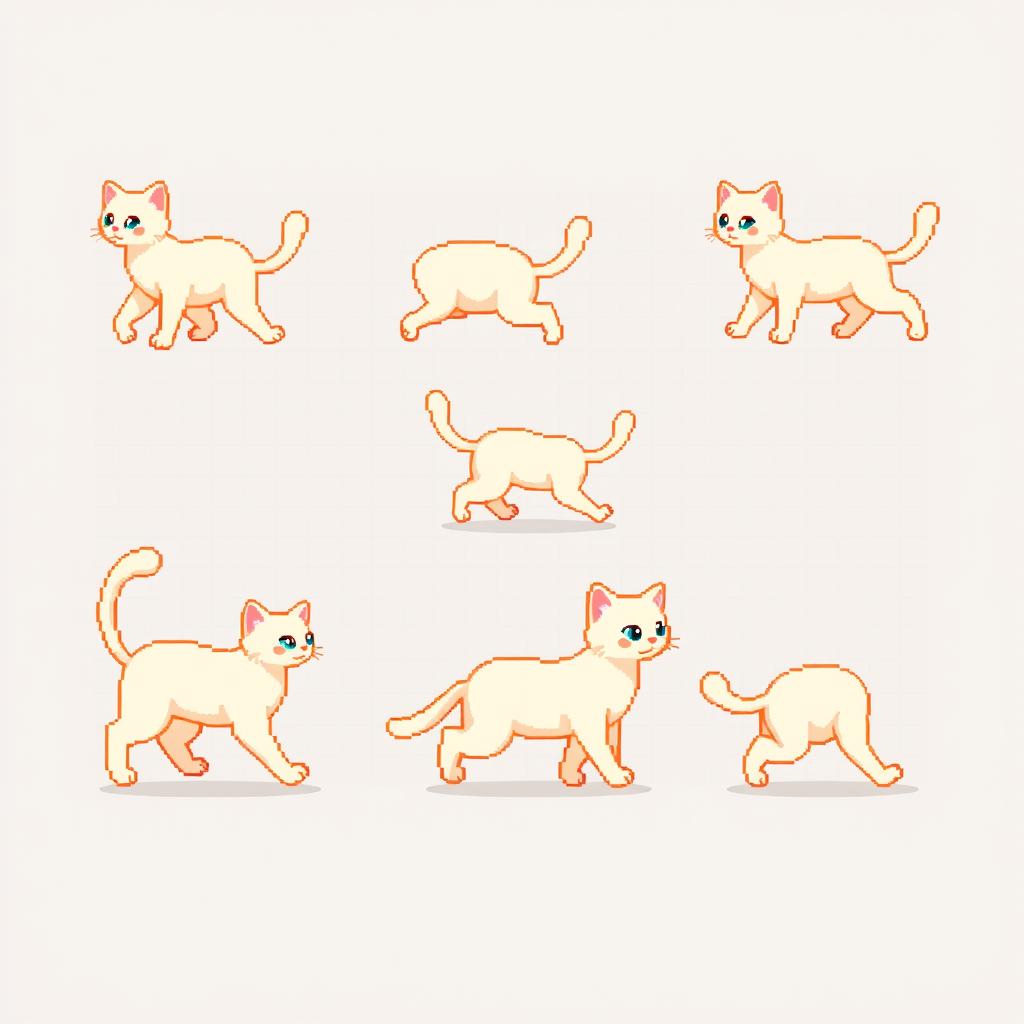 A 16-bit pixel art spritesheet featuring a cute cat walking in various poses