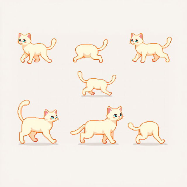 A 16-bit pixel art spritesheet featuring a cute cat walking in various poses