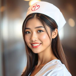 A sexy Asian nurse with straight, silky hair in a fitted white nurse uniform, accentuating her figure