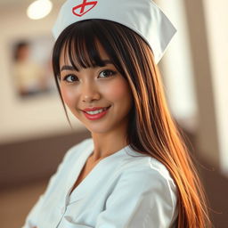 A sexy Asian nurse with straight, silky hair in a fitted white nurse uniform, accentuating her figure