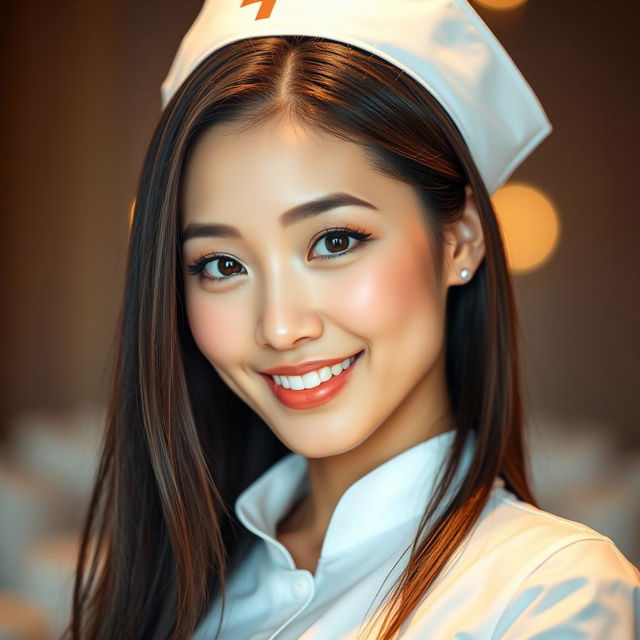 A sexy Asian nurse with straight, silky hair in a fitted white nurse uniform, accentuating her figure