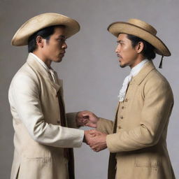 Depict two male characters dressed in colonial period Filipino attire, specifically coats, involved in a passionate argument. Capture the intensity of their discussion.