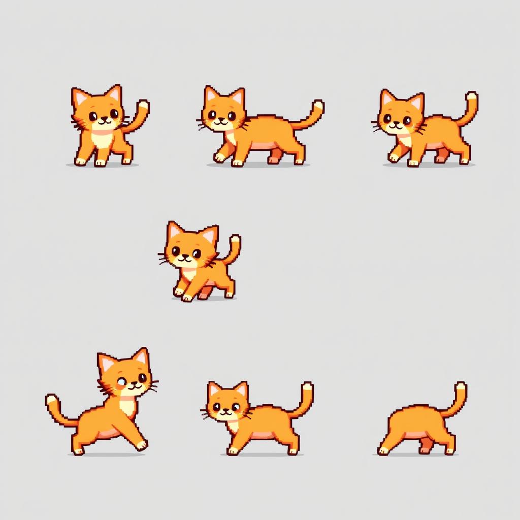 An 8-bit pixel art spritesheet featuring a charming cat walking in various poses