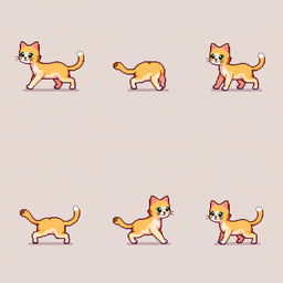 An 8-bit pixel art spritesheet featuring a charming cat walking in various poses