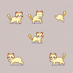 An 8-bit pixel art spritesheet featuring a charming cat walking in various poses