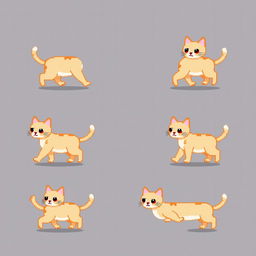 An 8-bit pixel art spritesheet featuring a charming cat walking in various poses