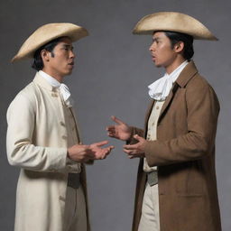 Depict two male characters dressed in colonial period Filipino attire, specifically coats, involved in a passionate argument. Capture the intensity of their discussion.