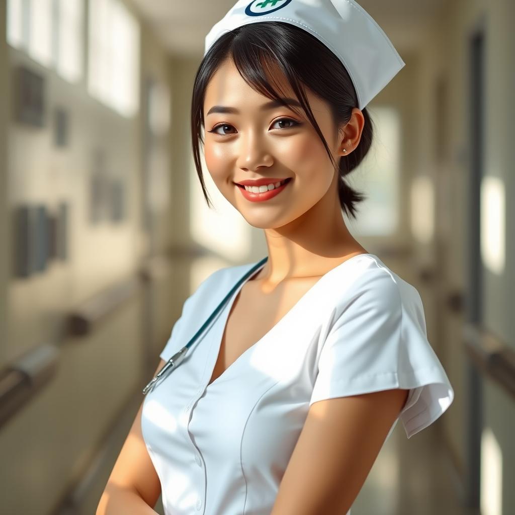 A sexy Asian nurse with straight hair styled elegantly, wearing a fitted white nurse uniform that accentuates her figure