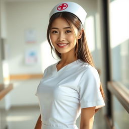 A sexy Asian nurse with straight hair styled elegantly, wearing a fitted white nurse uniform that accentuates her figure