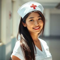 A sexy Asian nurse with straight hair styled elegantly, wearing a fitted white nurse uniform that accentuates her figure