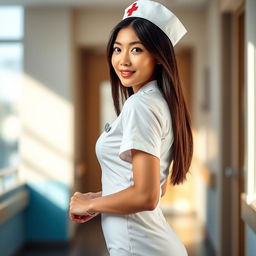 A sexy Asian nurse with straight, glossy hair, wearing a form-fitting white nurse uniform that highlights her curves and figure