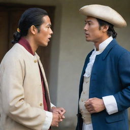 Depict two male characters dressed in colonial period Filipino attire, specifically coats, involved in a passionate argument. Capture the intensity of their discussion.