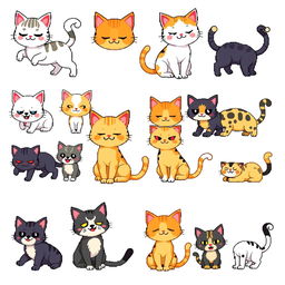 A detailed and expressive 16x16 pixel art spritesheet featuring different cat characters for a side-scrolling video game