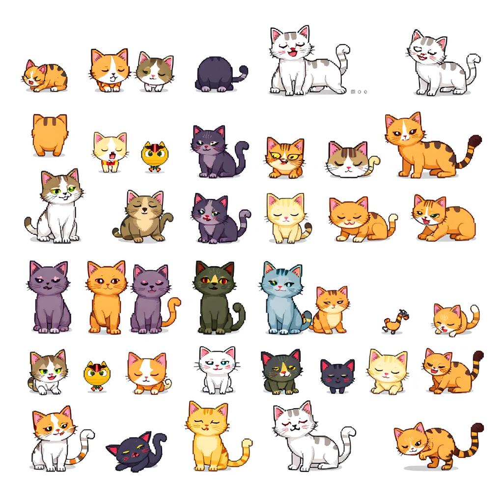 A detailed and expressive 16x16 pixel art spritesheet featuring different cat characters for a side-scrolling video game