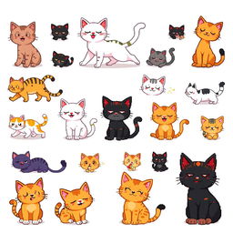 A detailed and expressive 16x16 pixel art spritesheet featuring different cat characters for a side-scrolling video game