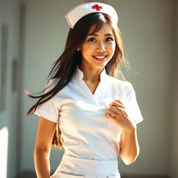 A sexy Asian nurse with straight, flowing hair, showcasing a sensual and inviting expression on her face