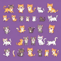 A detailed and expressive 16x16 pixel art spritesheet featuring adorable cat characters for a side-scrolling video game