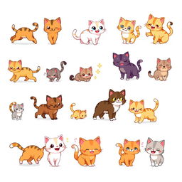 A detailed and expressive 16x16 pixel art spritesheet featuring adorable cat characters for a side-scrolling video game