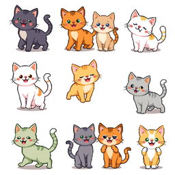 A detailed and expressive 16x16 pixel art spritesheet featuring adorable cat characters for a side-scrolling video game