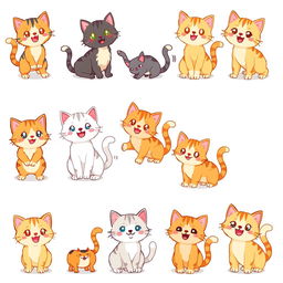 A detailed and expressive 16x16 pixel art spritesheet featuring adorable cat characters for a side-scrolling video game