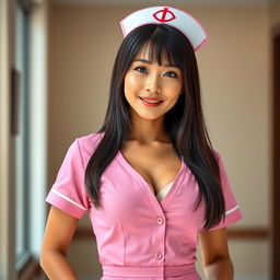 A sexy Asian nurse with straight, sleek hair, dressed in a stylish nurse uniform that features a flattering neckline, accentuating her figure