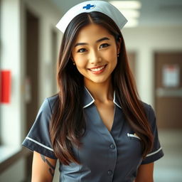 A sexy 25-year-old Asian nurse with straight, lustrous hair, dressed in a stylish nurse uniform featuring a flattering neckline that accentuates her figure