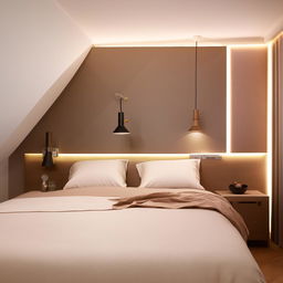 Spacious and cozy bedroom interior featuring modern lighting, luxury bedding, contemporary furniture, unique wall decor and soft color tones