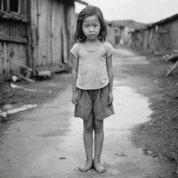 A lost 6-years-old girl in dirty clothes, standing barefoot in Okinawa, Japan during the year 1943. The scene should reflect the hardships of living in World War II, emphasizing her vulnerability and innocence.