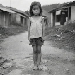 A lost 6-years-old girl in dirty clothes, standing barefoot in Okinawa, Japan during the year 1943. The scene should reflect the hardships of living in World War II, emphasizing her vulnerability and innocence.