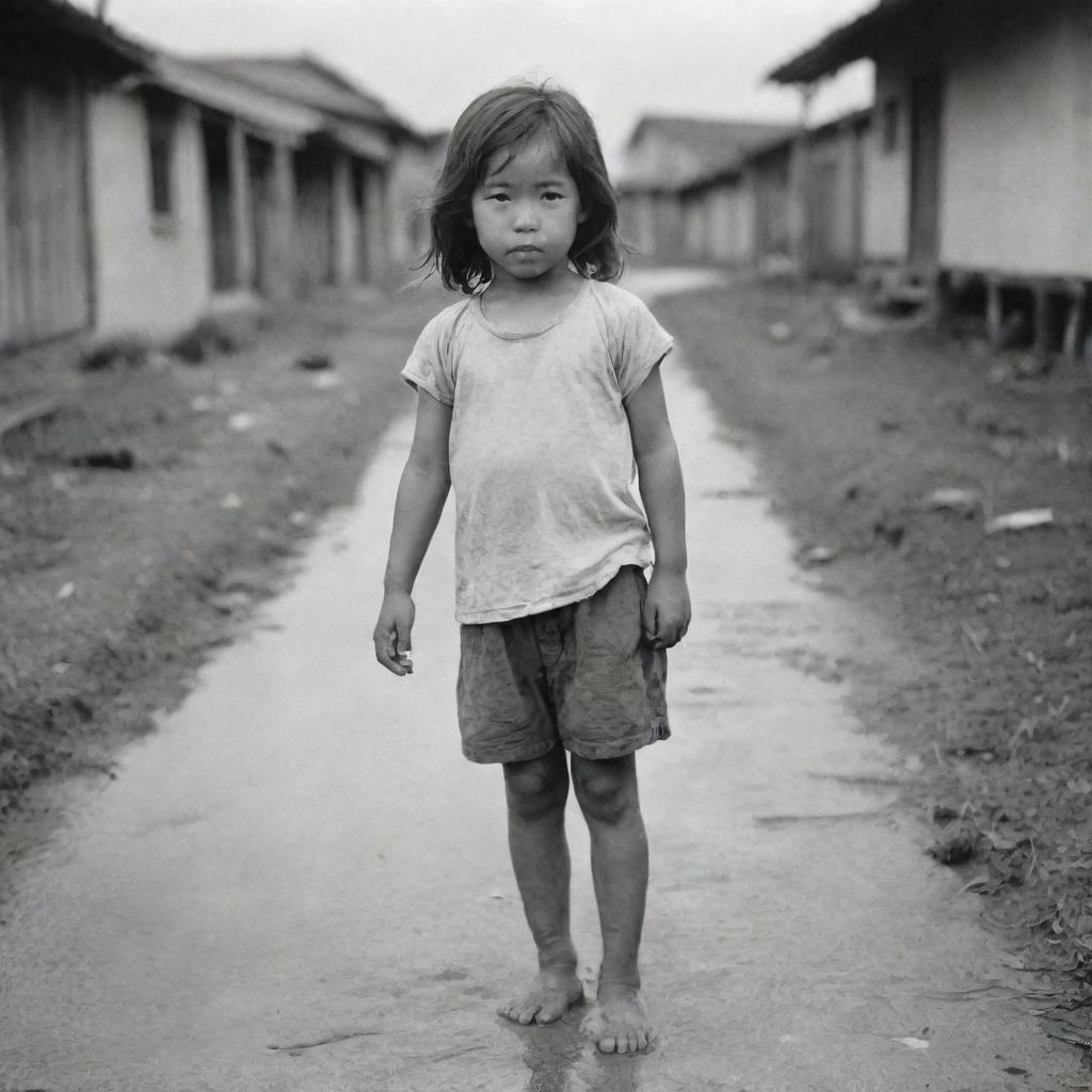 A lost 6-years-old girl in dirty clothes, standing barefoot in Okinawa, Japan during the year 1943. The scene should reflect the hardships of living in World War II, emphasizing her vulnerability and innocence.