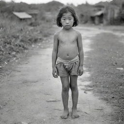 A lost 6-years-old girl in dirty clothes, standing barefoot in Okinawa, Japan during the year 1943. The scene should reflect the hardships of living in World War II, emphasizing her vulnerability and innocence.