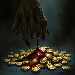 A dark fantasy illustration reminiscent of Magic the Gathering, featuring a lifeless hand dripping blood onto a shimmering pile of gold coins