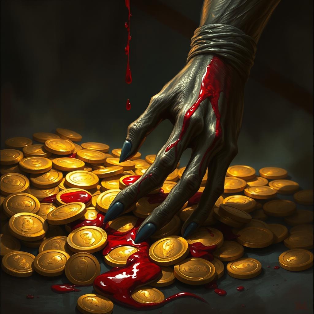 A dark fantasy illustration reminiscent of Magic the Gathering, featuring a lifeless hand dripping blood onto a shimmering pile of gold coins